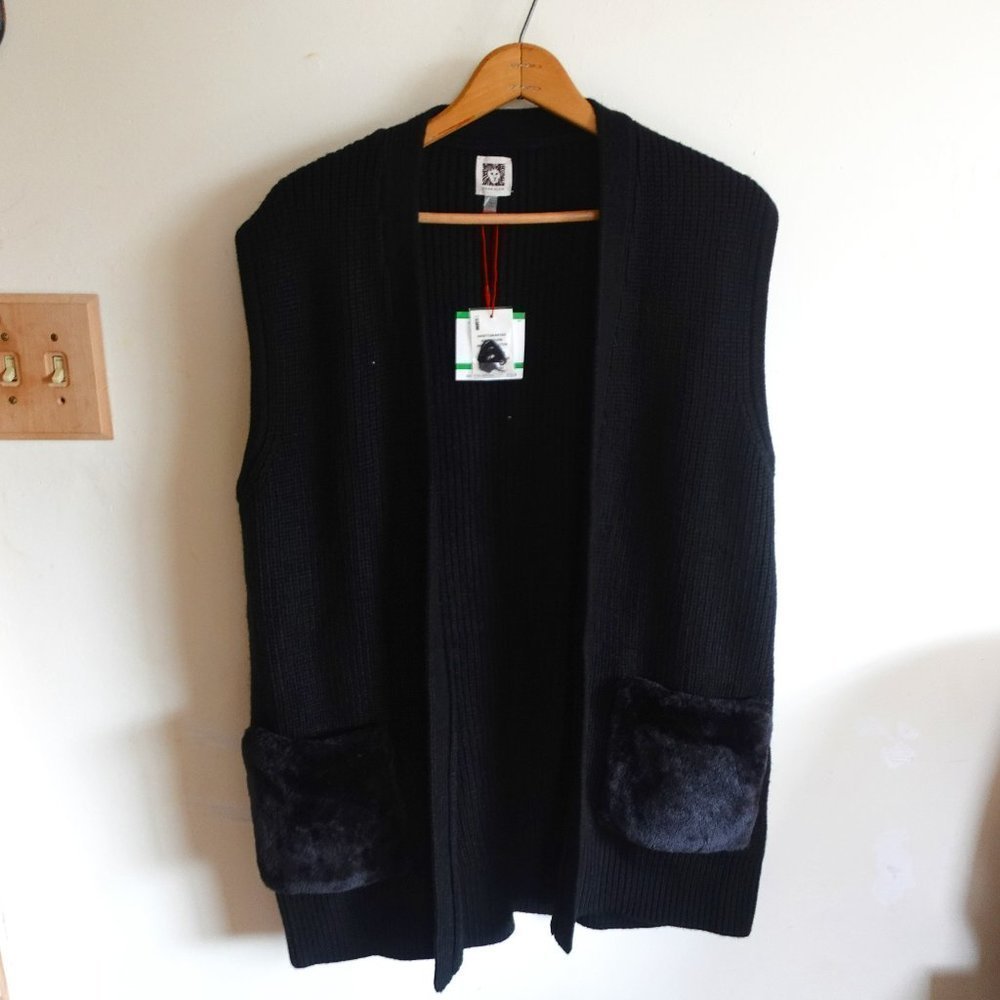 𝅺NWT Anne Klein Knit Vest Open Cardigan Faux Fur Pockets Oversized Black Large